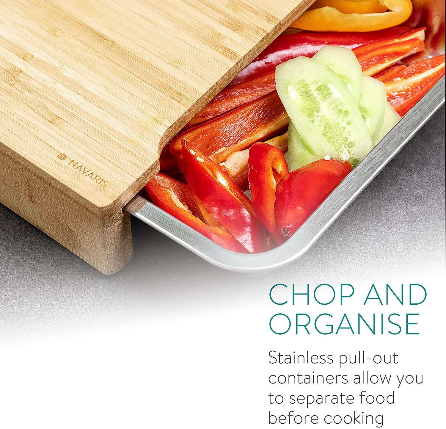 Navaris XL Bamboo Chopping Board with Crumb Tray Σανίδα Κοπής από Μπαμπού με 2 Δοχεία - Light Brown / Silver - 47368.03