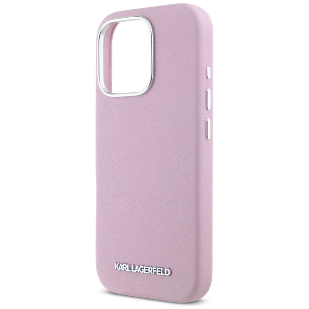 Karl Lagerfeld iPhone 16 Pro Max - Saffiano Full Wrapped Elongated Metal Logo - MagSafe Σκληρή Θήκη με Επένδυση Συνθετικού Δέρματος και Πλαίσιο Σιλικόνης - Pink - KLHMP16XPSAFWMCP