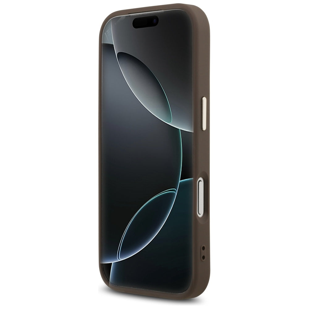 Guess iPhone 17 Pro - 4G Triangle Strass Logo MagSafe - Σκληρή Θήκη με Επένδυση Συνθετικού Δέρματος - Brown / Gold - GUHMP17LP4GTDGMW