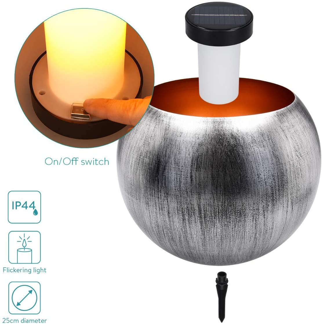 Navaris Outdoor Solar Light Bowl Φωτιστικό Εξωτερικού Χώρου - Round Metal Fire Pit - Silver - 47542.02