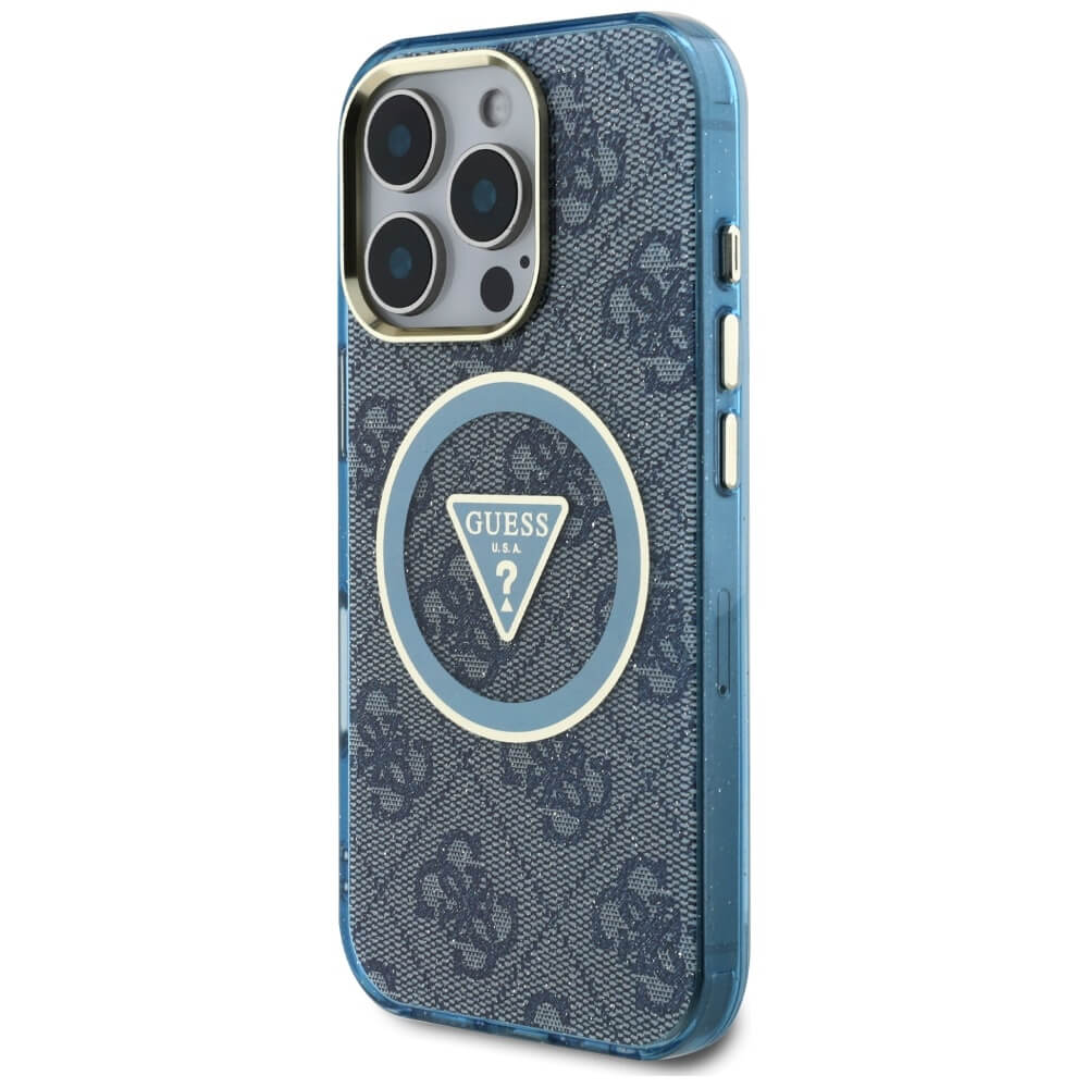 Guess iPhone 16 Pro Max - IML Metal Glitter 4G Circle Triangle MagSafe - Σκληρή Θήκη με Πλαίσιο Σιλικόνης και MagSafe - Blue - GUHMP16XHG4PRTGB