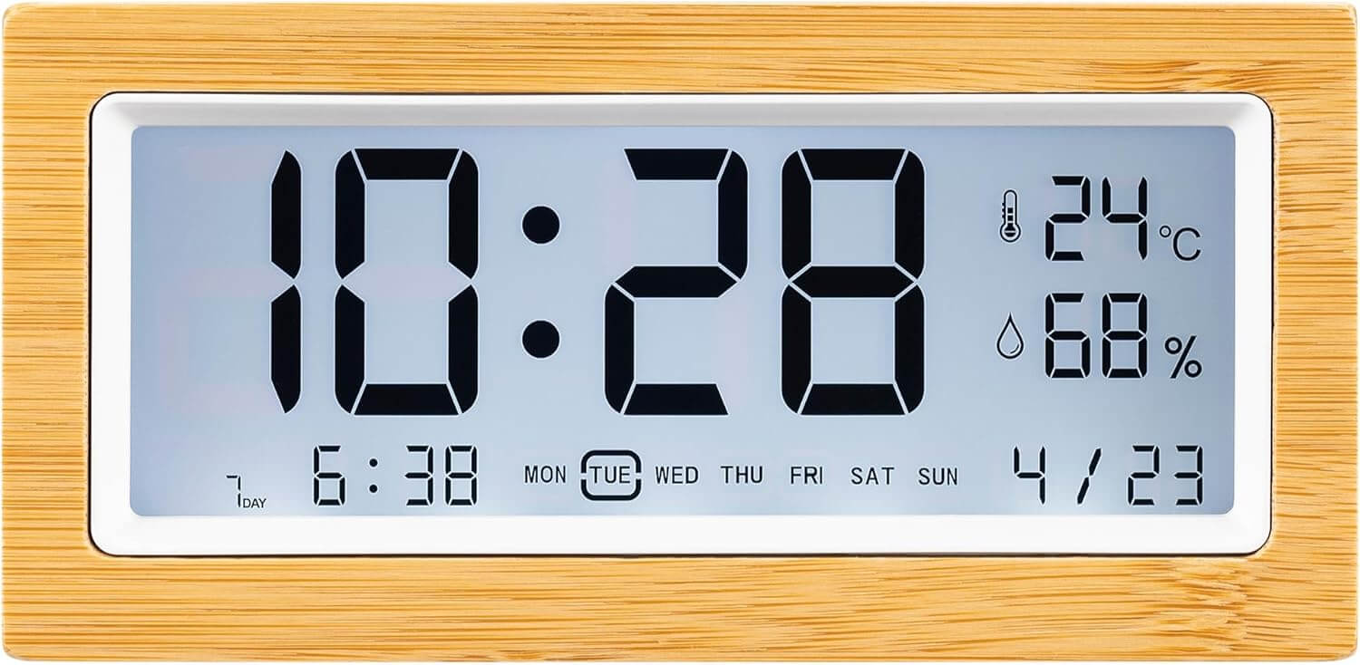 Navaris Ψηφιακό Επιτραπέζιο Ρολόι και Ξυπνητήρι από Μπαμπού με Ένδειξη Θερμοκρασίας και Ημερομηνίας - White / Light Brown - 60679.01