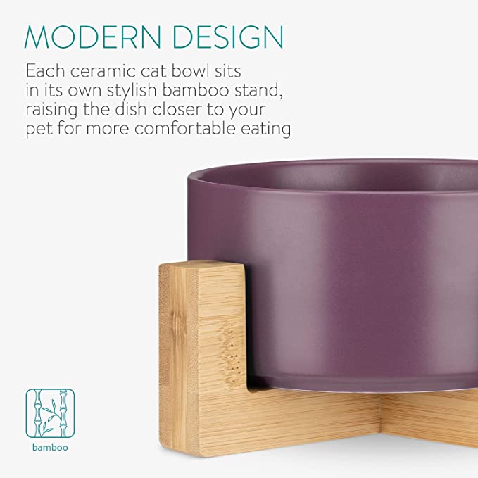 Navaris Cat Bowls with Wood Stands - Σετ με 2 Μπολ Φαγητού και Νερού με Βάση από Μπαμπού για Κατοικίδια - 550ml - Matte Purple / Brown - 48350.1.38