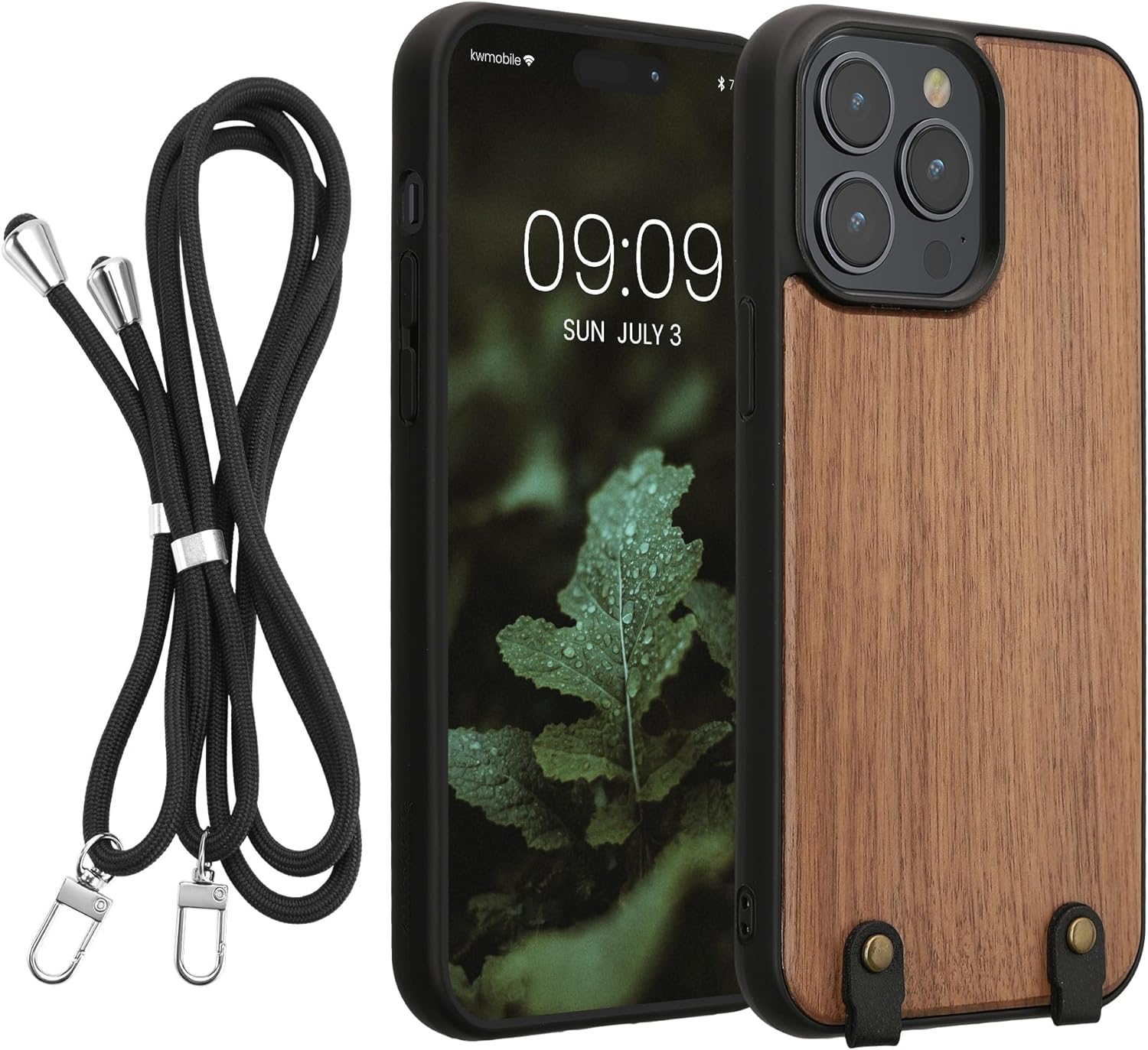 KW iPhone 14 Pro Max Θήκη από Φυσικό Ξύλο με Πλαίσιο Σιλικόνης και Λουράκι - Dark Brown