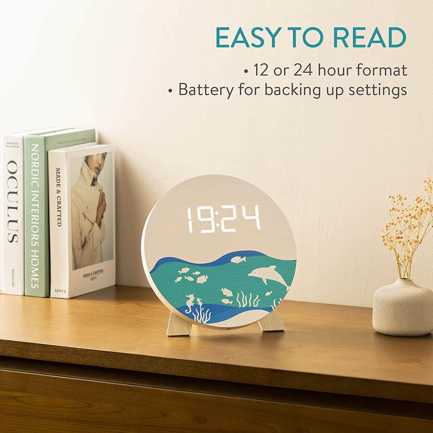 Navaris Ψηφιακό Ξύλινο Ρολόι LED - Design Ocean - White - 58958.03