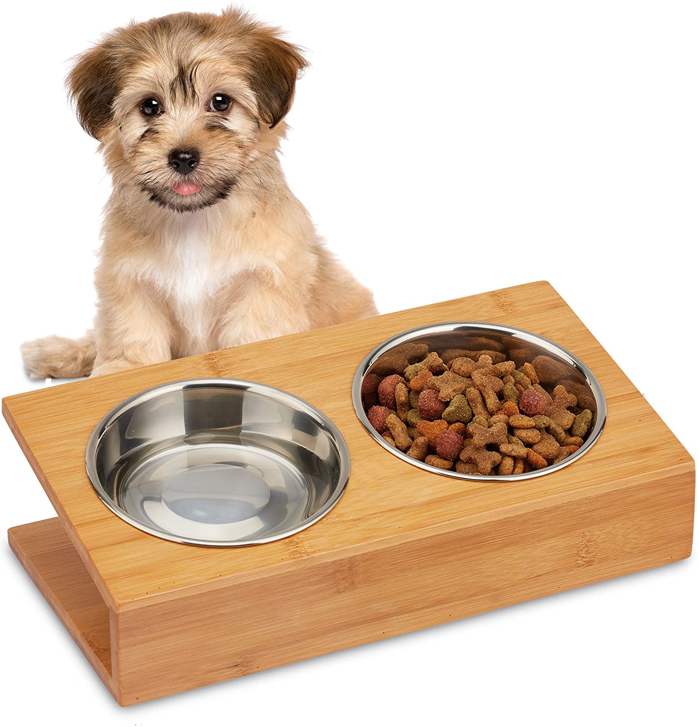 Relaxdays Σετ με 2 Μπολ από Ανοξείδωτο Ατσάλι σε Βάση από Μπαμπού για Κατοικίδια - 300 ml - Natural - 4052025916121