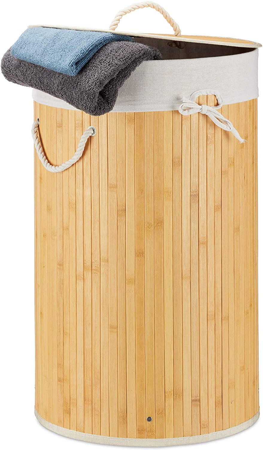 Relaxdays Πτυσσόμενο Στρόγγυλο Καλάθι Απλύτων από Μπαμπού με Καπάκι - Creme - 4052025918415