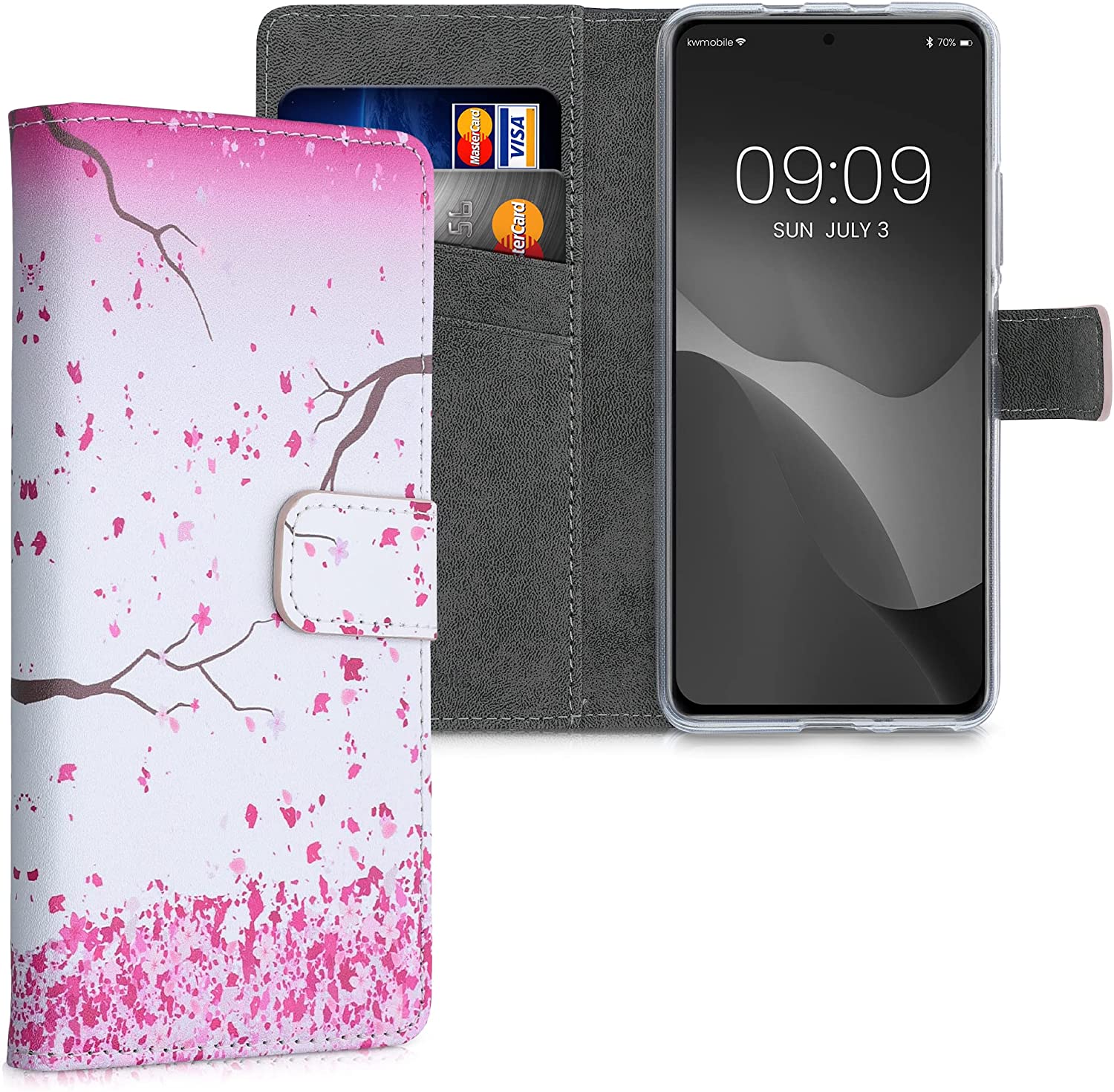 KW Xiaomi Poco F3 / Mi 11i Θήκη Πορτοφόλι Stand - Design Cherry Blossoms - Light Pink / Dark Brown / White - 56713.03