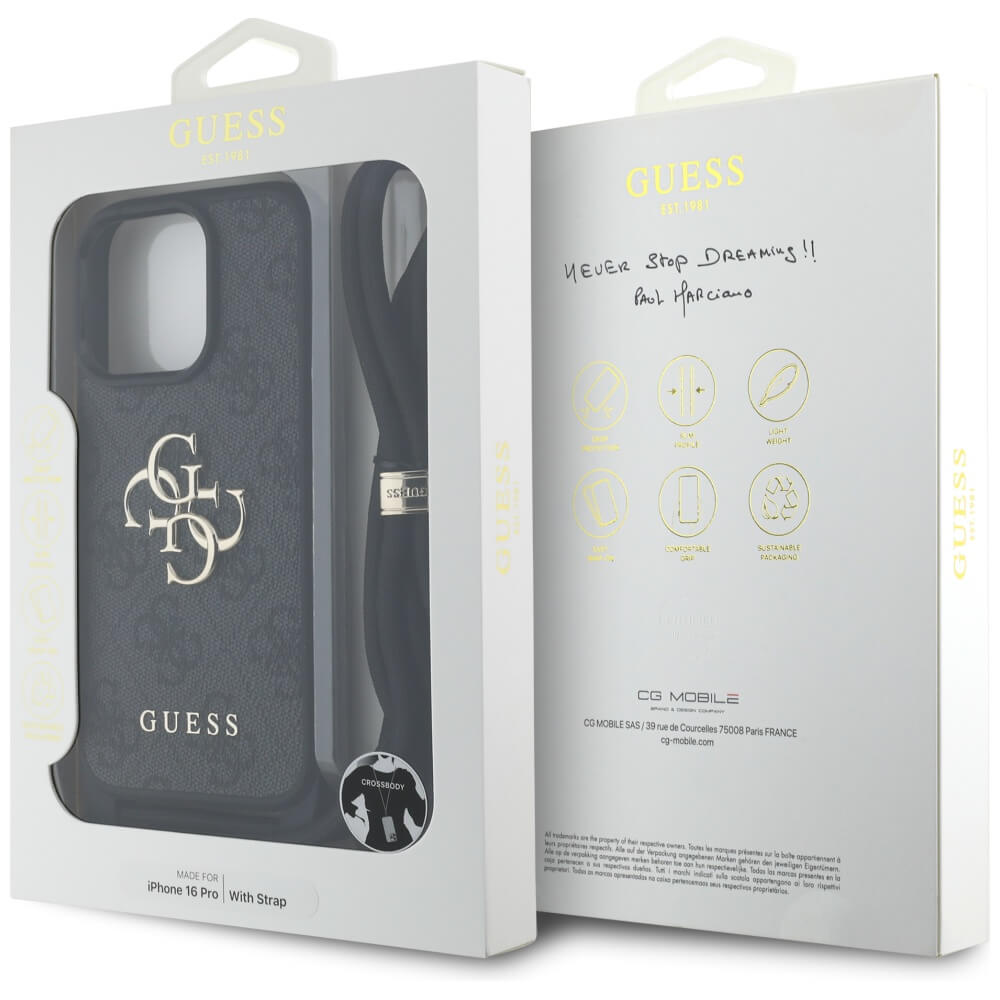 Guess iPhone 16 Pro - 4G Big Logo Cord Stap Crossbody - Θήκη με Επένδυση Συνθετικού Δέρματος και Λουράκι - Black - GUHCP16LP4GMGCRK