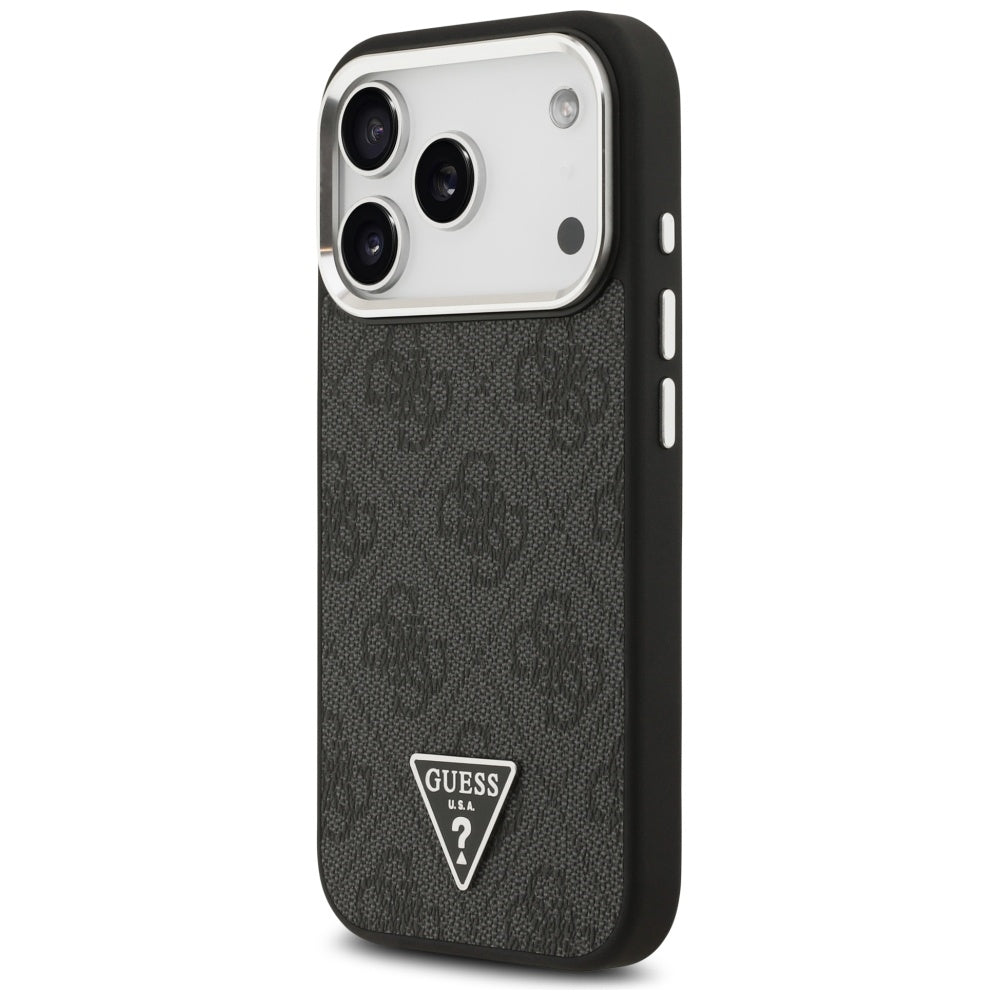 Guess iPhone 17 Pro - 4G Triangle Logo MagSafe - Σκληρή Θήκη με Πλαίσιο Σιλικόνης και Επένδυση Συνθετικού Δέρματος - Black / Silver - GUHMP17LP4TSRCMK