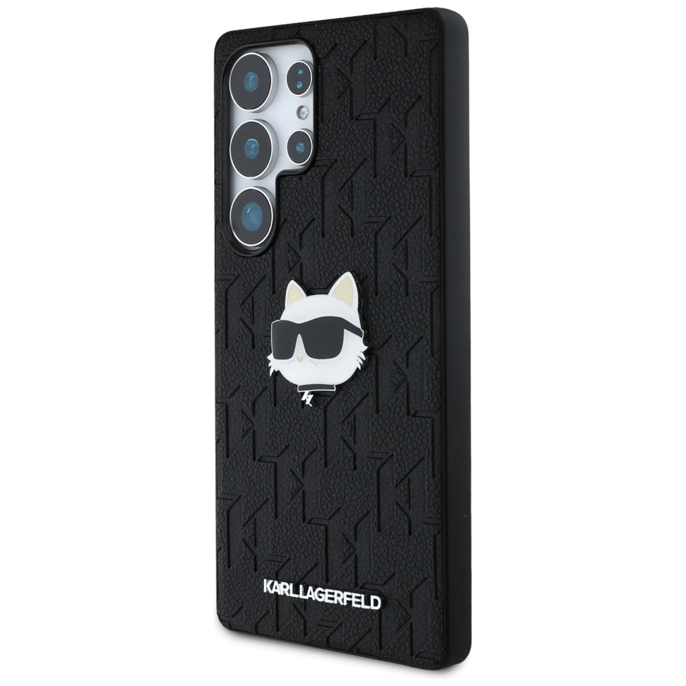 Karl Lagerfeld Samsung Galaxy S25 Ultra - Monogram Choupette Head Pin - Σκληρή Θήκη με Επένδυση Συνθετικού Δέρματος - Black - KLHCS25LPGKLCHPK