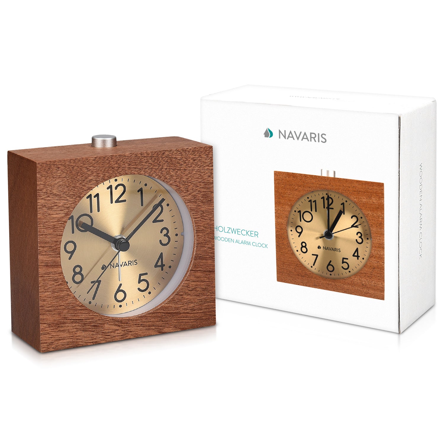Navaris Analogue Wood Alarm Clock Design Square - Αναλογικό Επιτραπέζιο Ρολόι και Ξυπνητήρι - Gold / Dark Brown - 46229.18