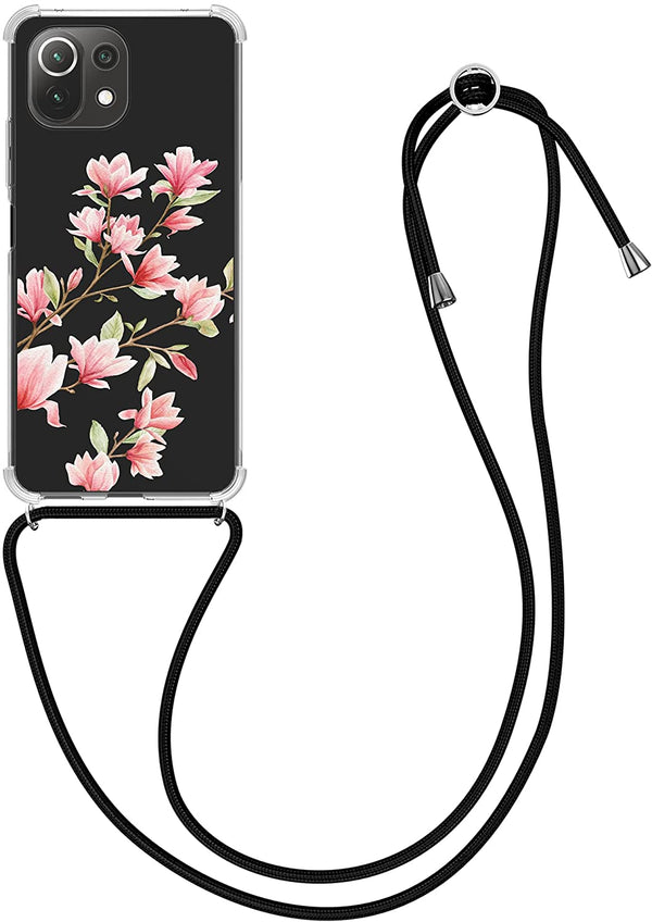 KW Xiaomi Mi 11 Lite / Mi 11 Lite 5G Θήκη Σιλικόνης TPU με Λουράκι Design Magnolias - Light Pink / White - Διάφανη - 56530.02