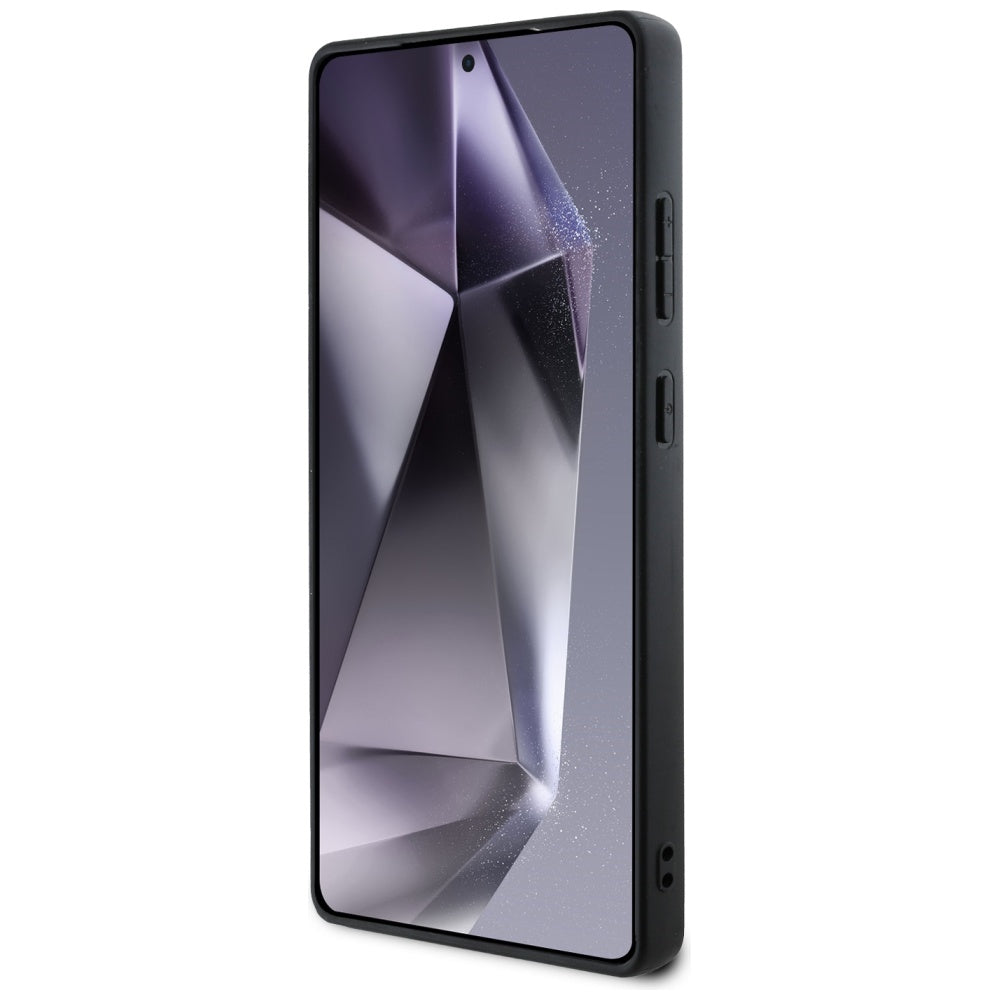 Guess Samsung Galaxy S25 Ultra - Grained Hot Stamp Peony Pattern Triangle Logo - MagSafe Σκληρή Θήκη με Πλαίσιο Σιλικόνης και Συνθετικό Δέρμα - Black - GUHMS25LPGBTMK