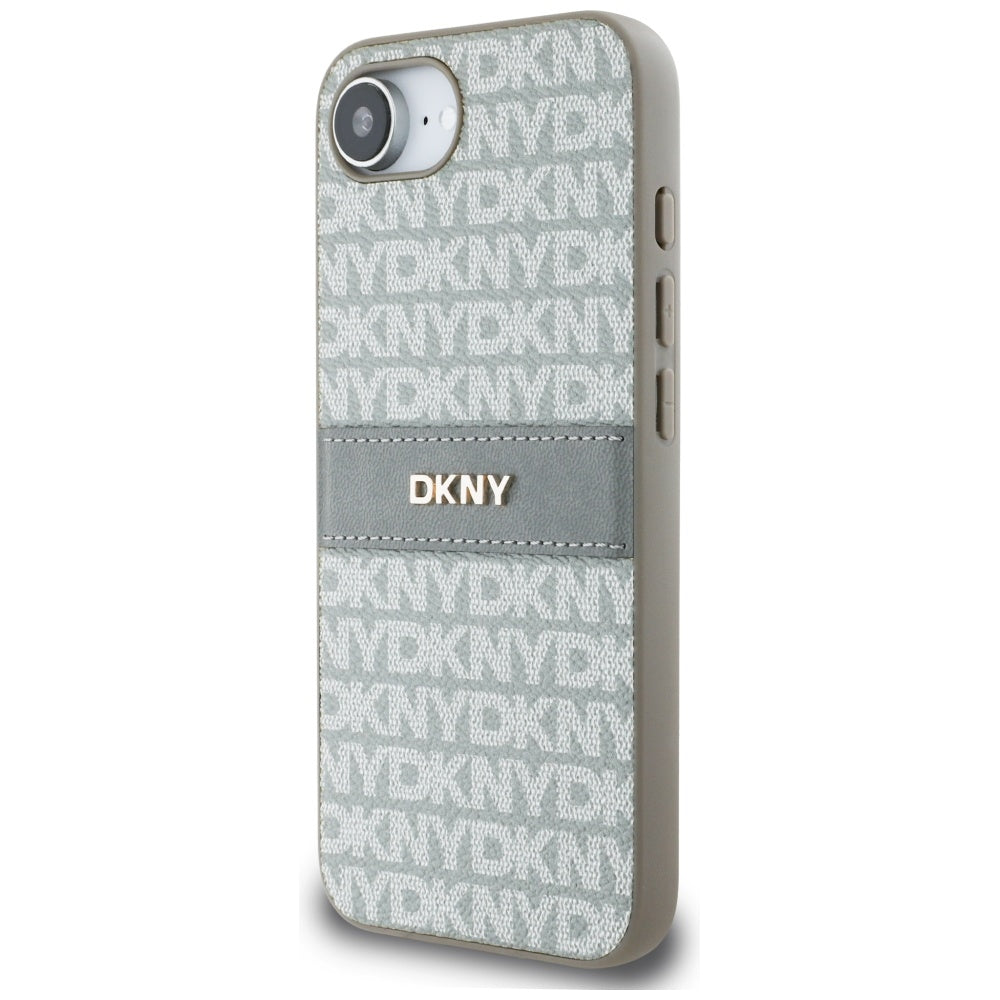 DKNY iPhone 16e - Repeat Texture Pattern with Tonal Stripe - Σκληρή Θήκη με Πλαίσιο Σιλικόνης και Επένδυση Συνθετικού Δέρματος - Beige