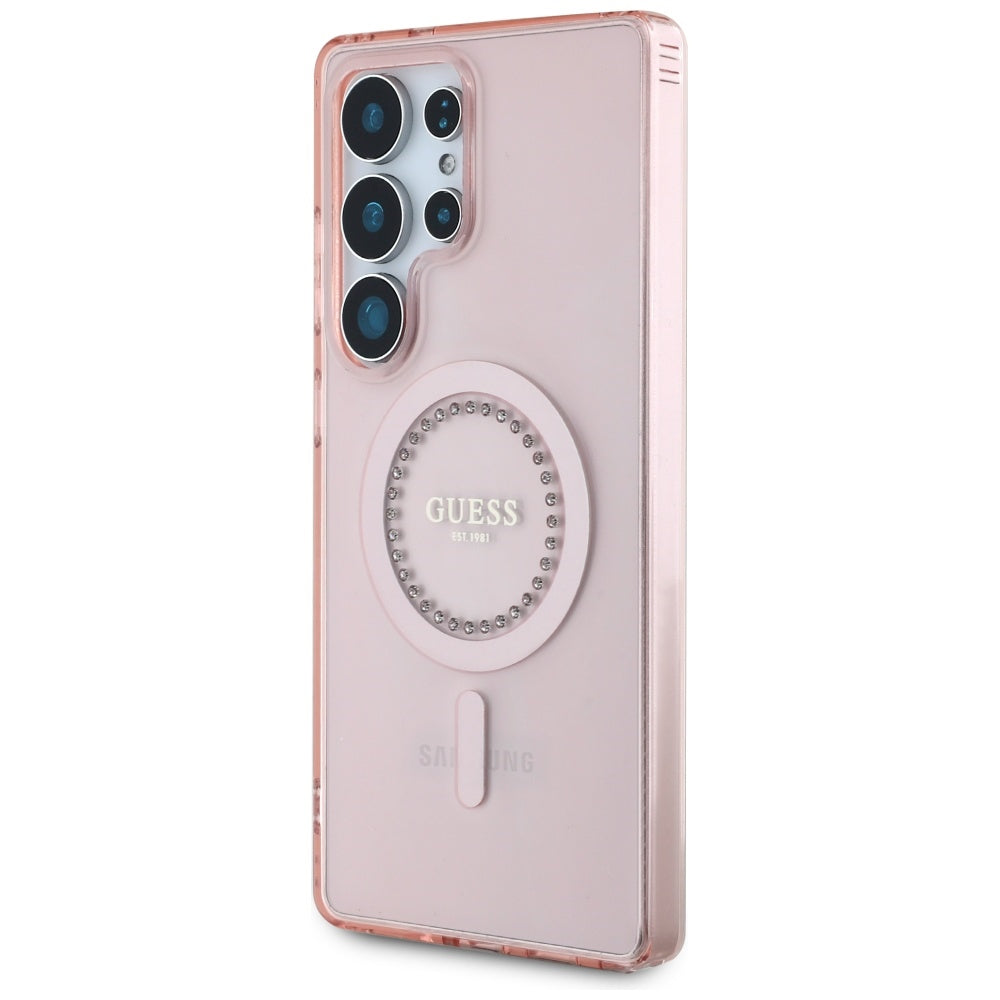 Guess Samsung Galaxy S25 Ultra - Rhinestones Printed Classic Logo - MagSafe Σκληρή Θήκη με Πλαίσιο Σιλικόνης - Pink - GUHMS25LPFTDTEP