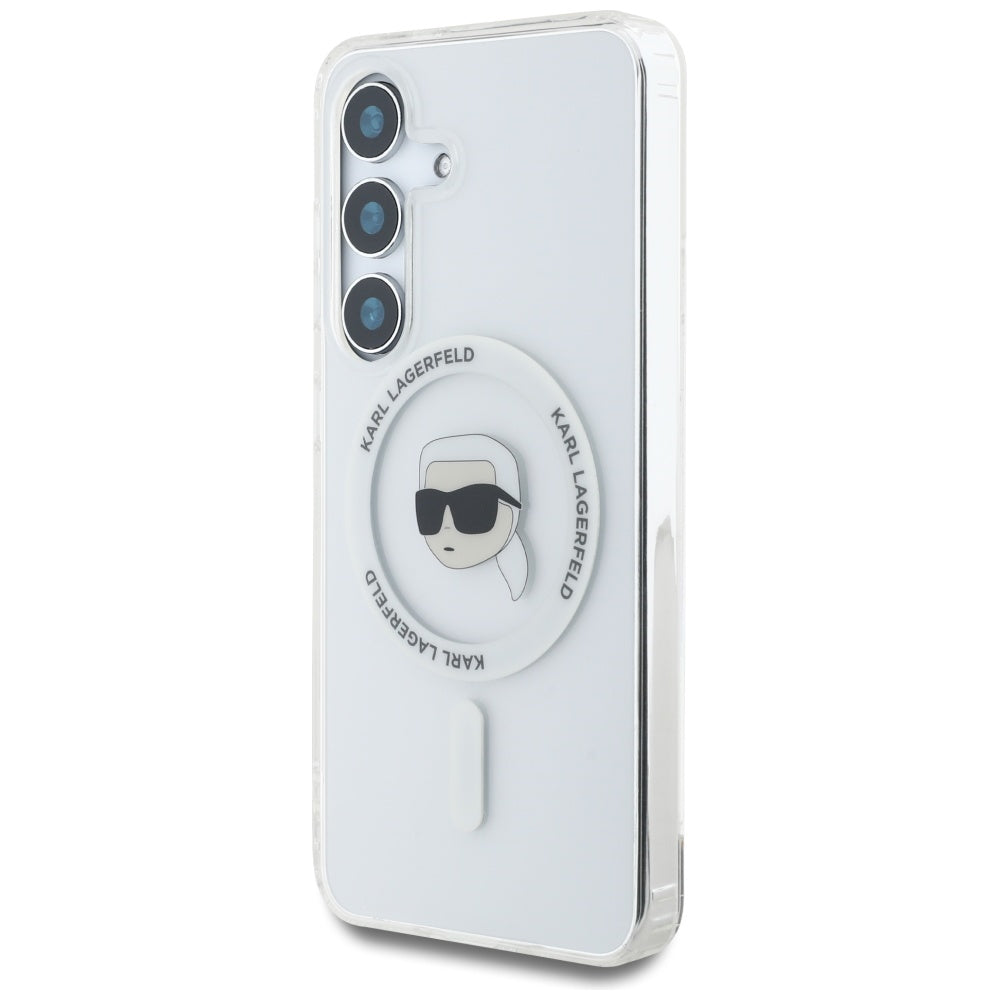 Karl Lagerfeld Samsung Galaxy S25 - Button Karl Head Printed Logo - MagSafe Σκληρή Θήκη με Πλαίσιο Σιλικόνης - White - KLHMS25SHLSKIH