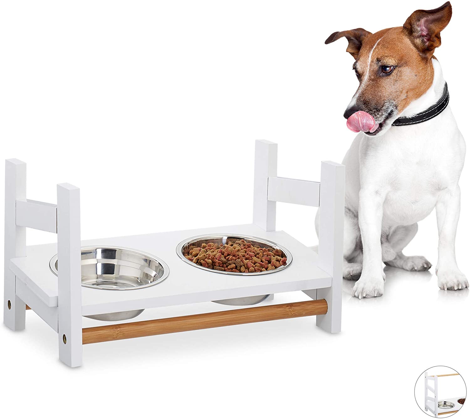 Relaxdays Ρυθμιζόμενη Ξύλινη Βάση με 2 Μπολ 500ml από Ανοξείδωτο Ατσάλι - Small - 4052025923655