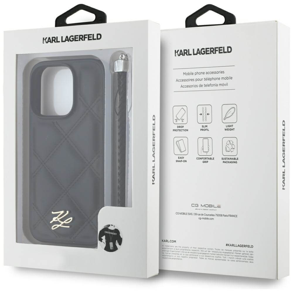 Karl Lagerfeld iPhone 16 Pro - Quilted Initial Logo and Chain Strap - Θήκη με Επένδυση Συνθετικού Δέρματος και Λουράκι - Black - KLHCP16LPSQSKLSMSK