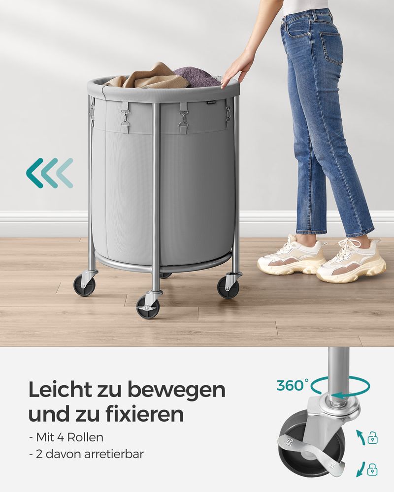Songmics Τροχήλατο Καλάθι Απλύτων με Ατσάλινο Σκελετό και Αποσπώμενη Θήκη Ρούχων - 110L - Grey / Silver - RLS002G01