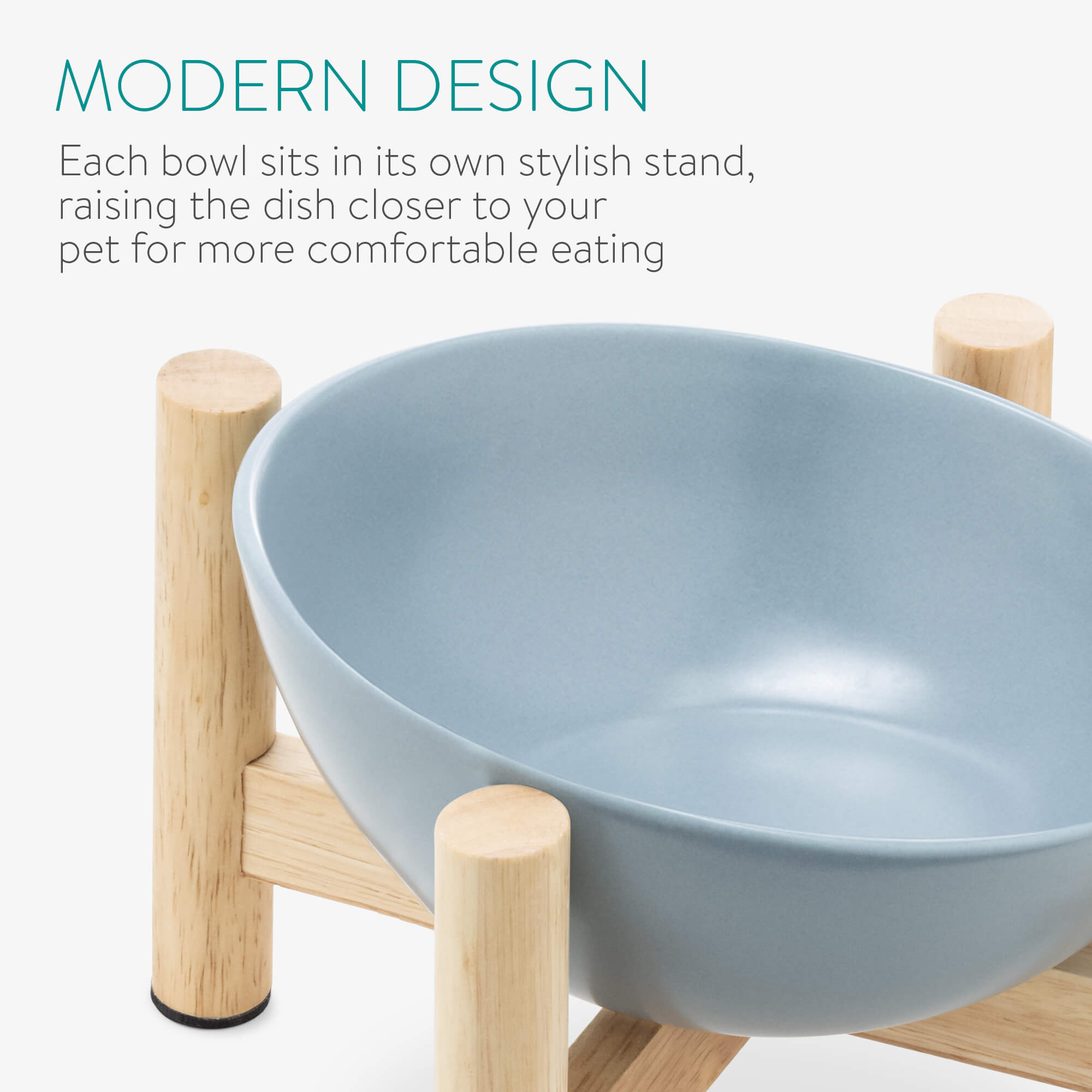 Navaris Σετ με 2 Μπολ Φαγητού και Νερού 300ml με Ξύλινη Βάση για Κατοικίδια - Blue / Light Brown - 56079.04