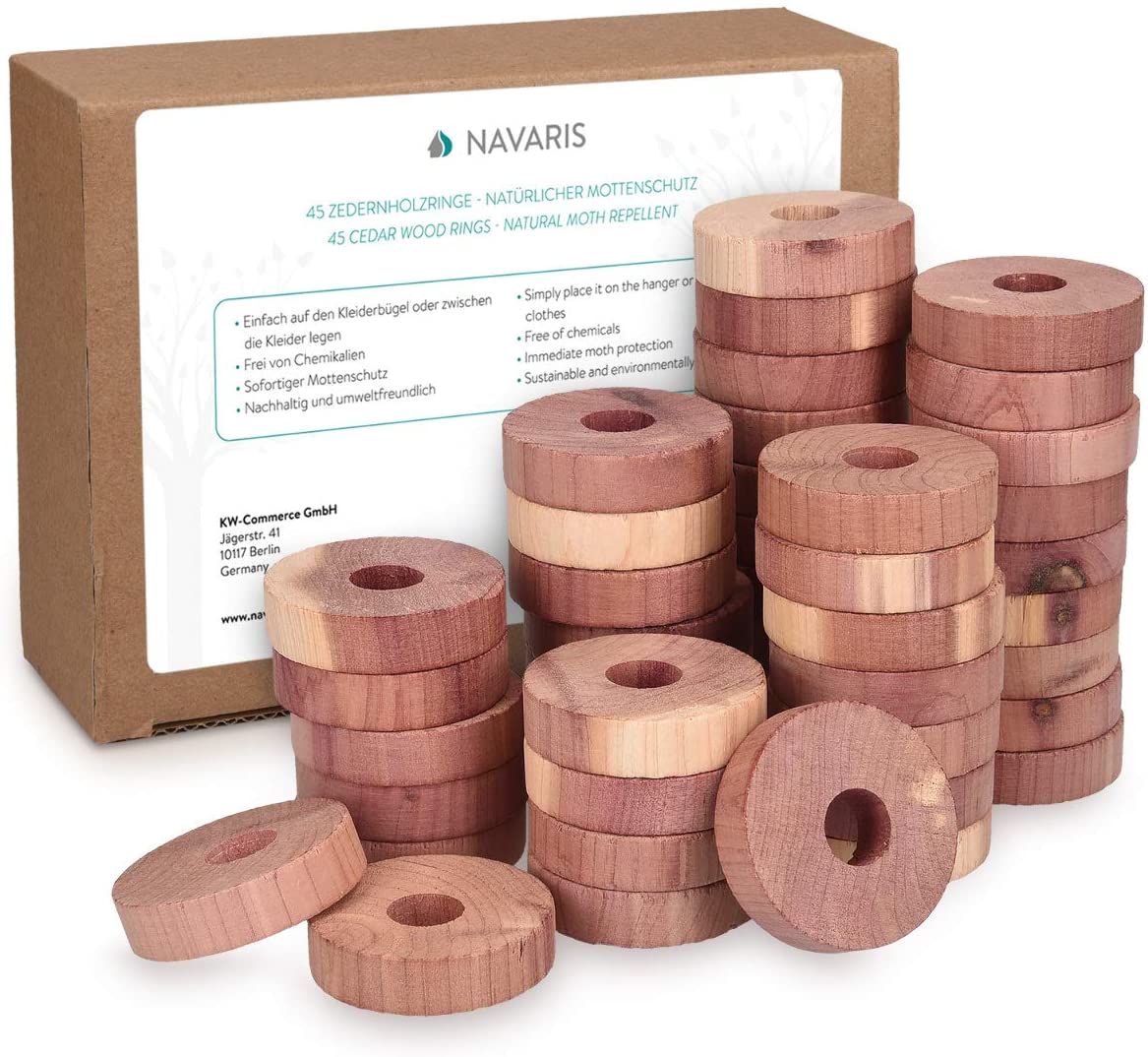 Navaris Σετ με 45 Ξύλινα Στρογγυλά Δαχτυλίδια Κέδρου για Κρεμάστρες για Προστασία από Σκόρους - Light Brown - 48683.1
