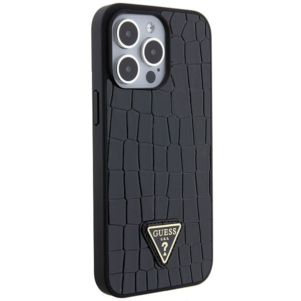 Guess iPhone 15 Pro Max Croco Triangle Metal Logo Θήκη με Επένδυση Συνθετικού Δέρματος και Πλαίσιο Σιλικόνης - Black - GUHCP15XPCRTHCK