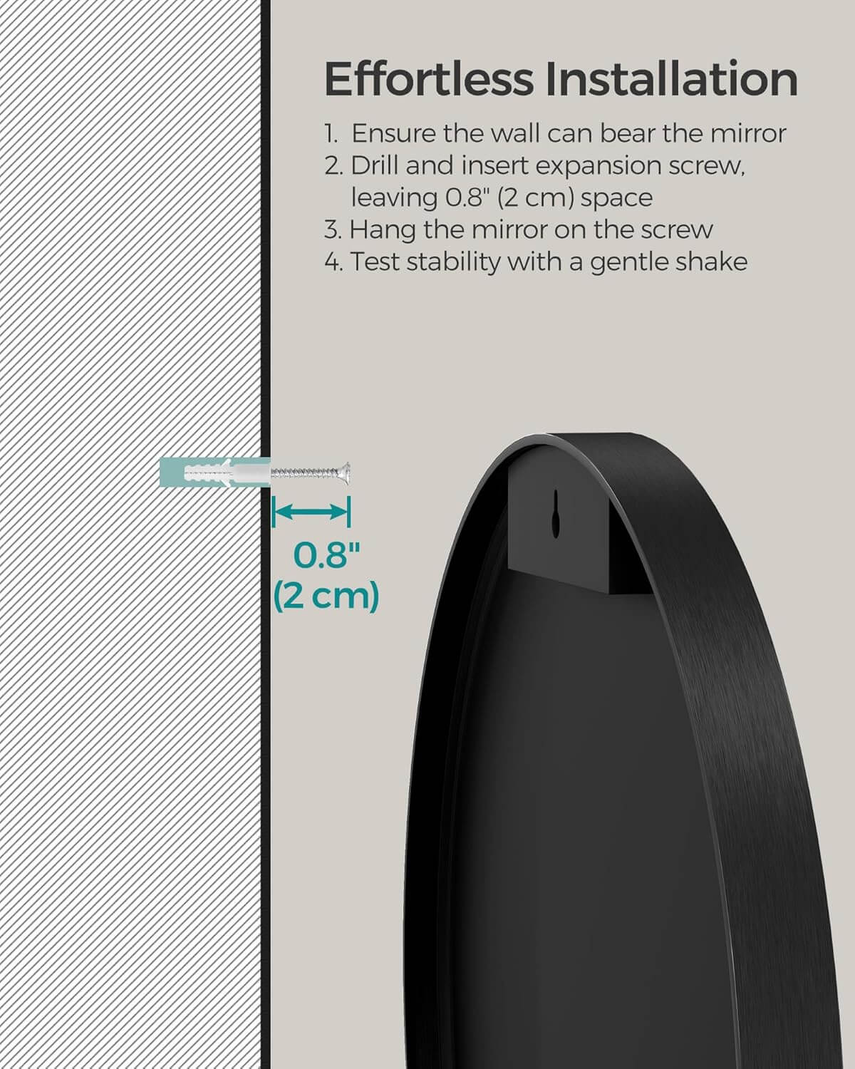 Songmics Στρογγυλός Καθρέφτης Τοίχου με Μεταλλικό Πλαίσιο - 61 cm - Black - LWM102B01