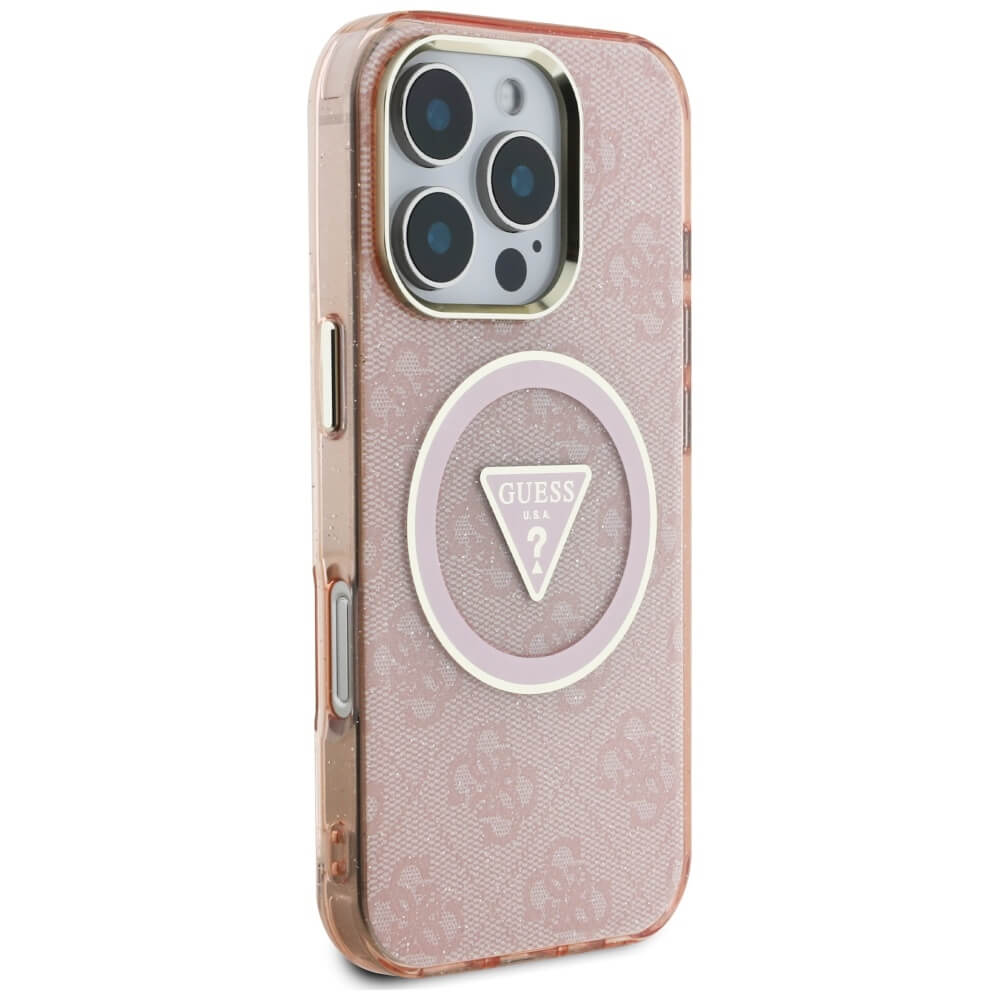 Guess iPhone 16 Pro Max - IML Metal Glitter 4G Circle Triangle MagSafe - Σκληρή Θήκη με Πλαίσιο Σιλικόνης και MagSafe - Pink - GUHMP16XHG4PRTGP