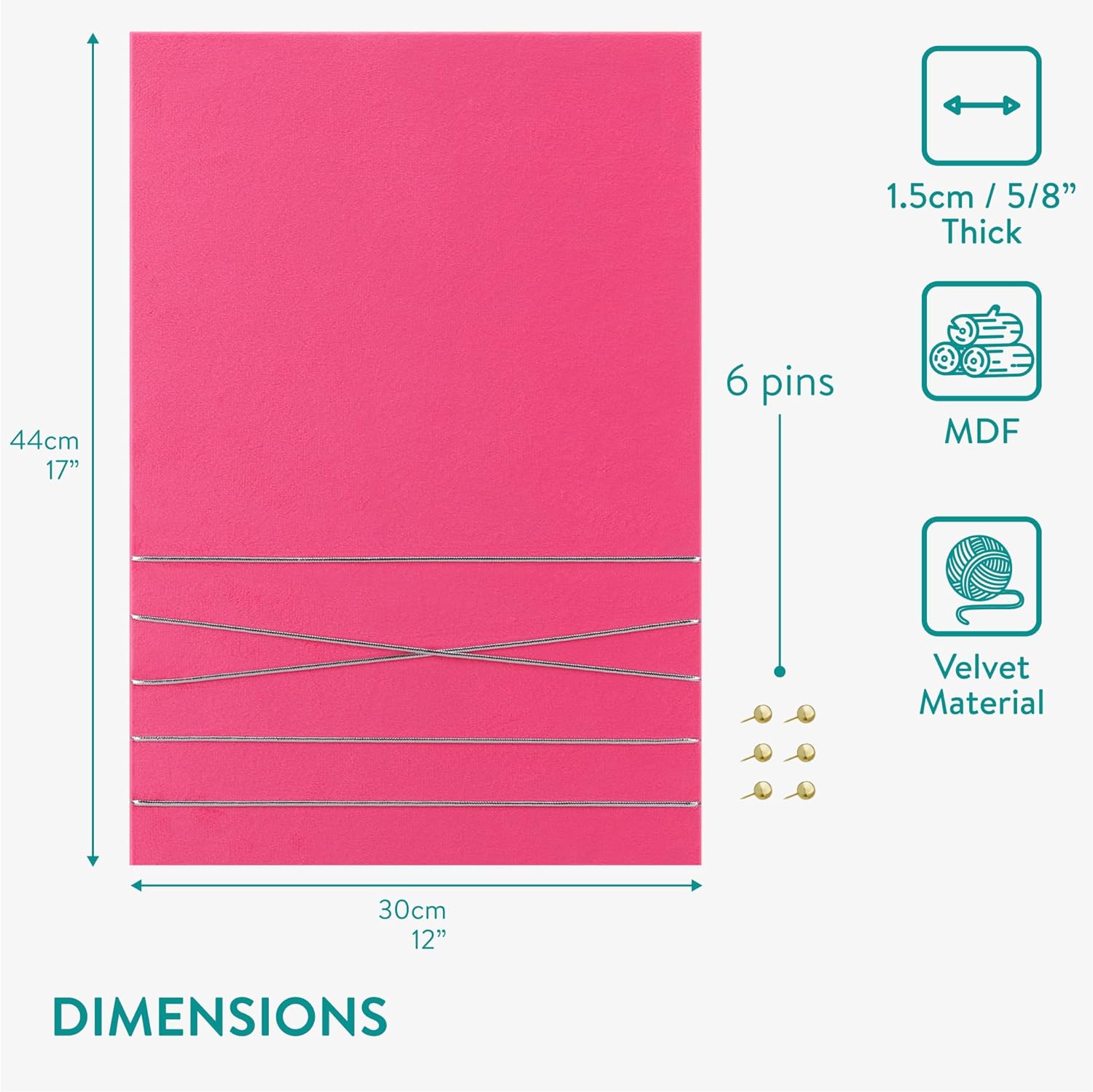 Navaris Πίνακας Ανακοινώσεων από Βελούδο - 44 x 30 cm - Bright Pink / Silver - 52630.1.238