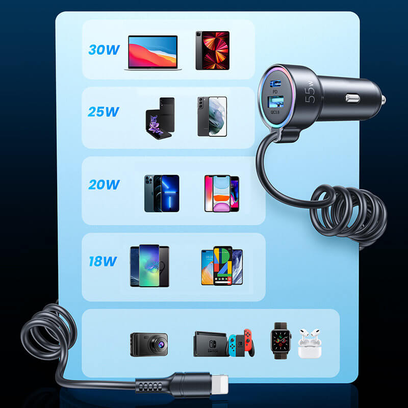 Joyroom JR-CL07 3in1 Fast Car Charger Φορτιστής Αυτοκινήτου με Καλώδιο Type C 1.5m 55W - Black