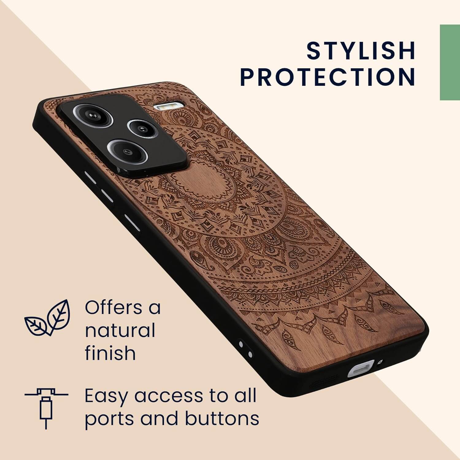 KW Xiaomi Redmi Note 13 Pro+ 5G Θήκη από Φυσικό Ξύλο - Design Indian Sun - Dark Brown