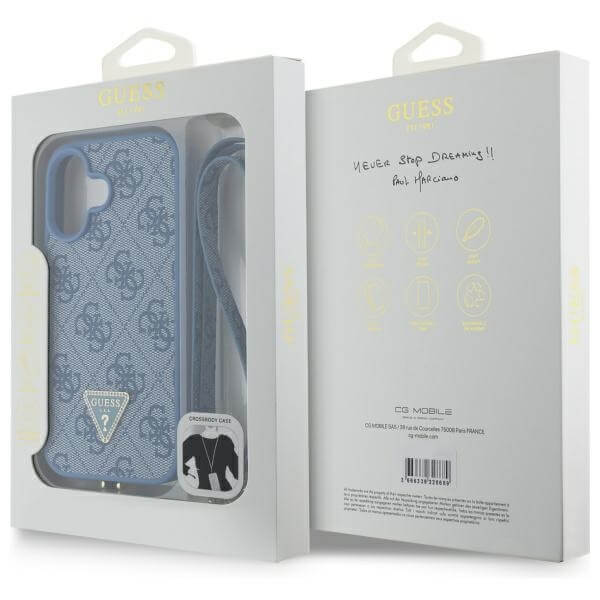 Guess iPhone 16 - Leather Metal Logo Strass Crossbody - Θήκη με Επένδυση Συνθετικού Δέρματος και Λουράκι - Blue - GUHCP16SP4TDSCPB