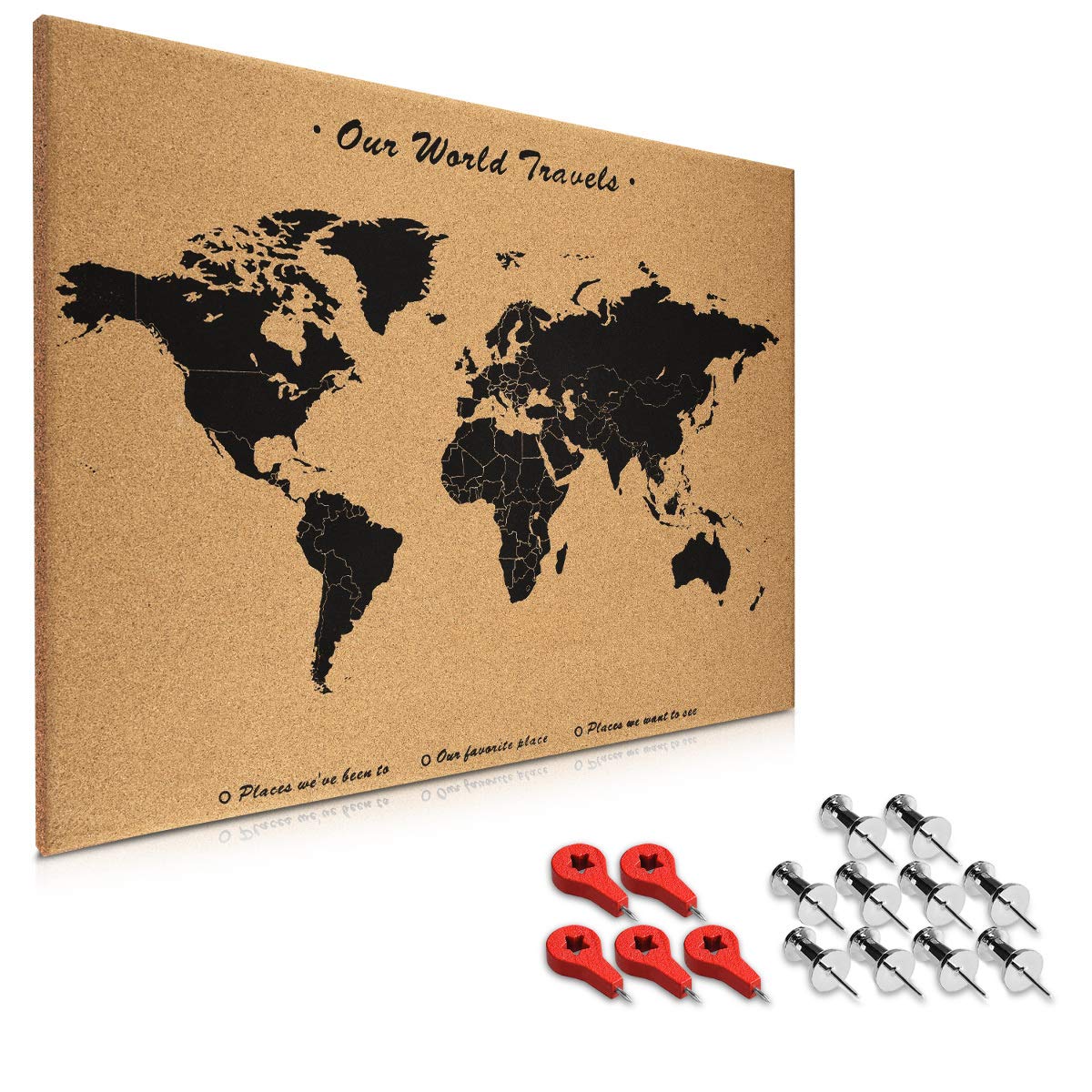 Navaris Cork Notice Board 70 x 50 cm - Πίνακας Ανακοινώσεων με Πινέζες - Design World Map - Brown - Black - 44347.01