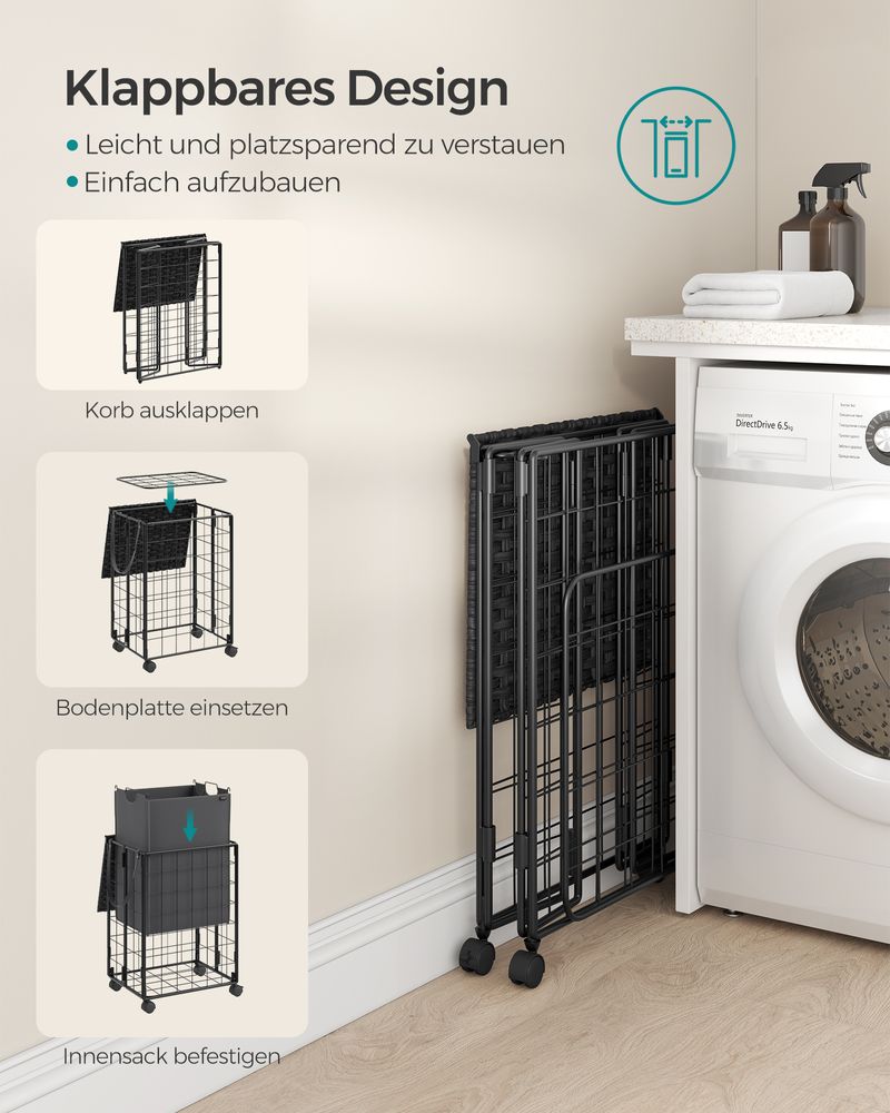 Songmics Τροχήλατο Αναδιπλούμενο Καλάθι Απλύτων με Καπάκι - 90L - Ink Black / Slate Grey - LCB290B11