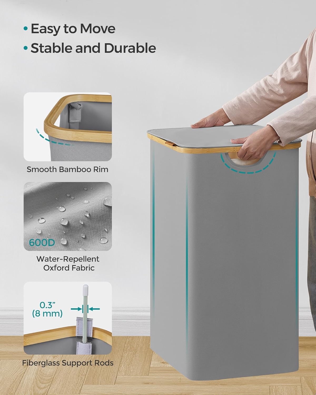 Songmics Καλάθι Απλύτων 2 Διαμερισμάτων με Καπάκι και Αποσπώμενη Εσωτερική Θήκη - 130L - Dove Grey - LCB513G01