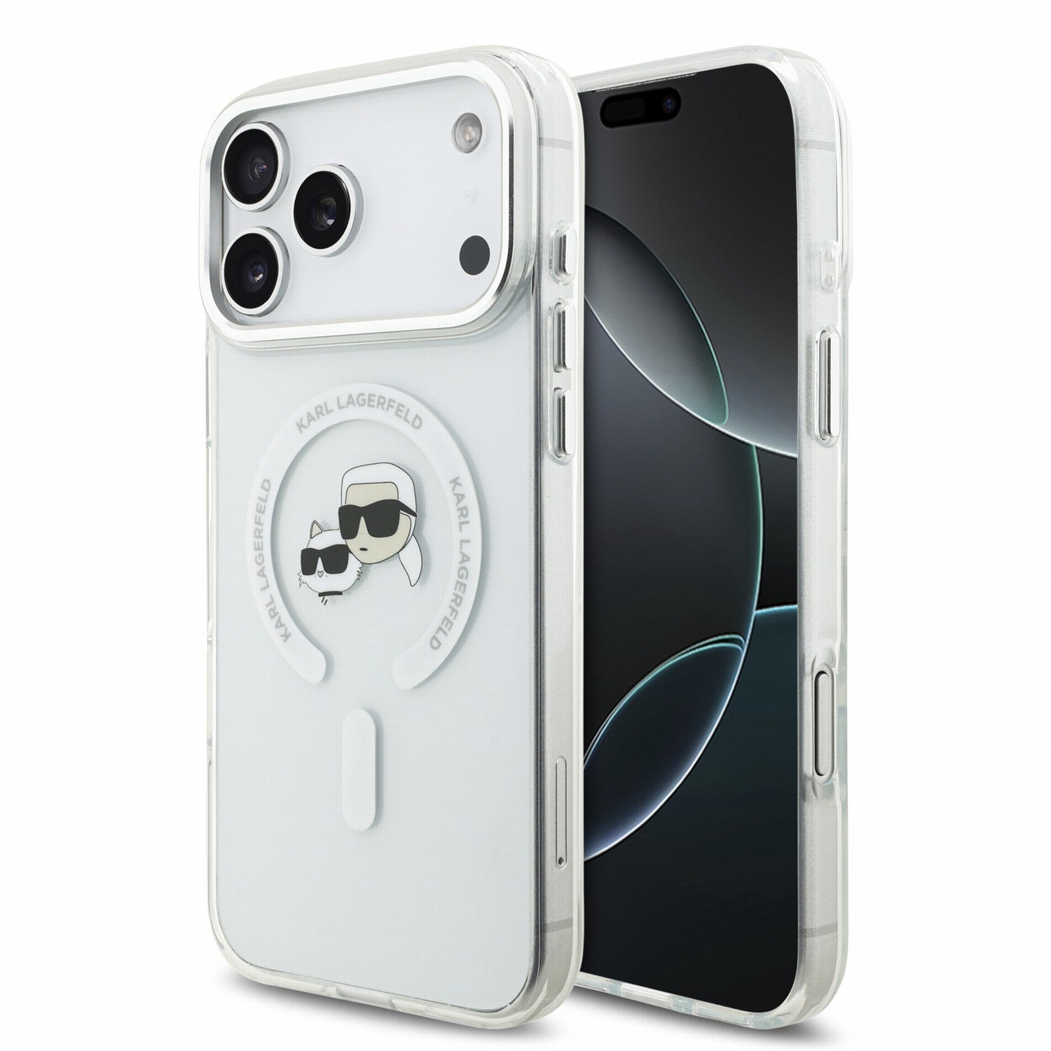 Karl Lagerfeld iPhone 17 Pro Max / iPhone 18 Pro Max - Σκληρή Θήκη με Πλαίσιο Σιλικόνης - IML K and CH Heads Metal Frame MagSafe - White