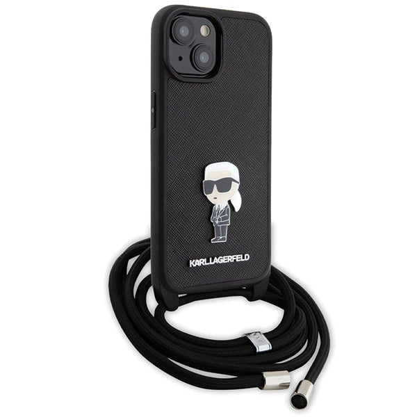 Karl Lagerfeld iPhone 15 / 14 / 13 - Σκληρή Θήκη με Επένδυση Συνθετικού Δέρματος και Λουράκι - Crossbody Saffiano Monogram Metal Pin Karl and Choupette - Black