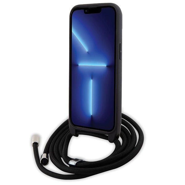Karl Lagerfeld iPhone 15 / 14 / 13 - Σκληρή Θήκη με Επένδυση Συνθετικού Δέρματος και Λουράκι - Crossbody Saffiano Monogram Metal Pin Karl and Choupette - Black