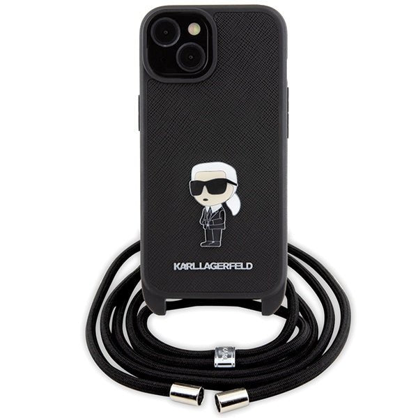 Karl Lagerfeld iPhone 15 / 14 / 13 - Σκληρή Θήκη με Επένδυση Συνθετικού Δέρματος και Λουράκι - Crossbody Saffiano Monogram Metal Pin Karl and Choupette - Black