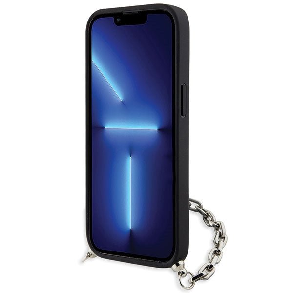 Karl Lagerfeld iPhone 15 / 14 / 13 - Σκληρή Θήκη με Επένδυση Συνθετικού Δέρματος και Πλαίσιο Σιλικόνης - Saffiano Monogram Chain - Black