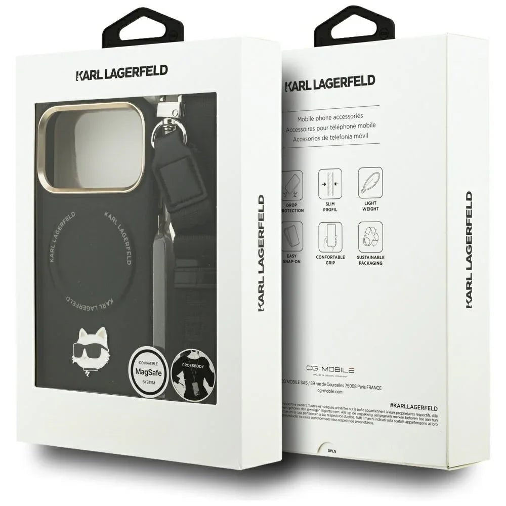 Karl Lagerfeld iPhone 17 Pro - Big Strap Choupette Metal Logo MagSafe - Σκληρή Θήκη με Επένδυση Συνθετικού Δέρματος και Λουράκι - Black