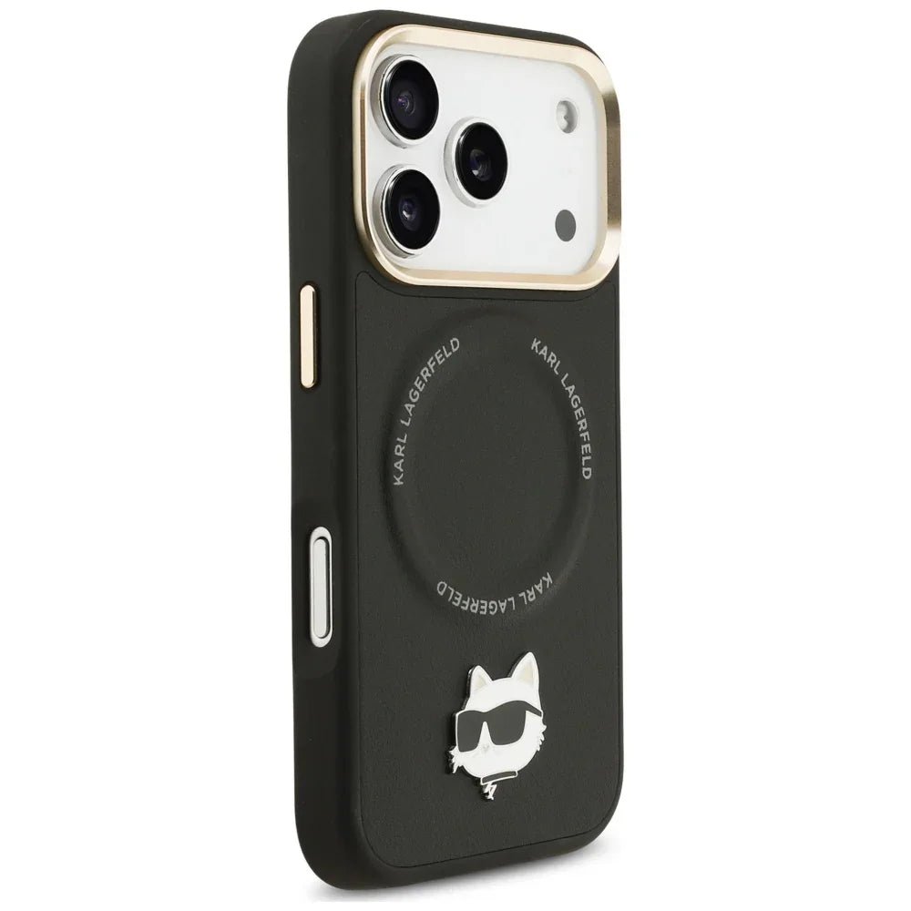 Karl Lagerfeld iPhone 17 Pro - Big Strap Choupette Metal Logo MagSafe - Σκληρή Θήκη με Επένδυση Συνθετικού Δέρματος και Λουράκι - Black
