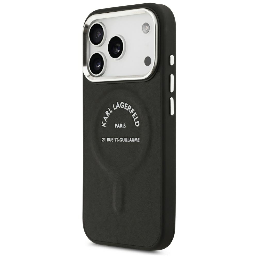 Karl Lagerfeld iPhone 17 Pro / iPhone 18 Pro - Σκληρή Θήκη με Επένδυση Οικολογικού Δέρματος - Embossed Open Ring RSG Logo MagSafe - Black