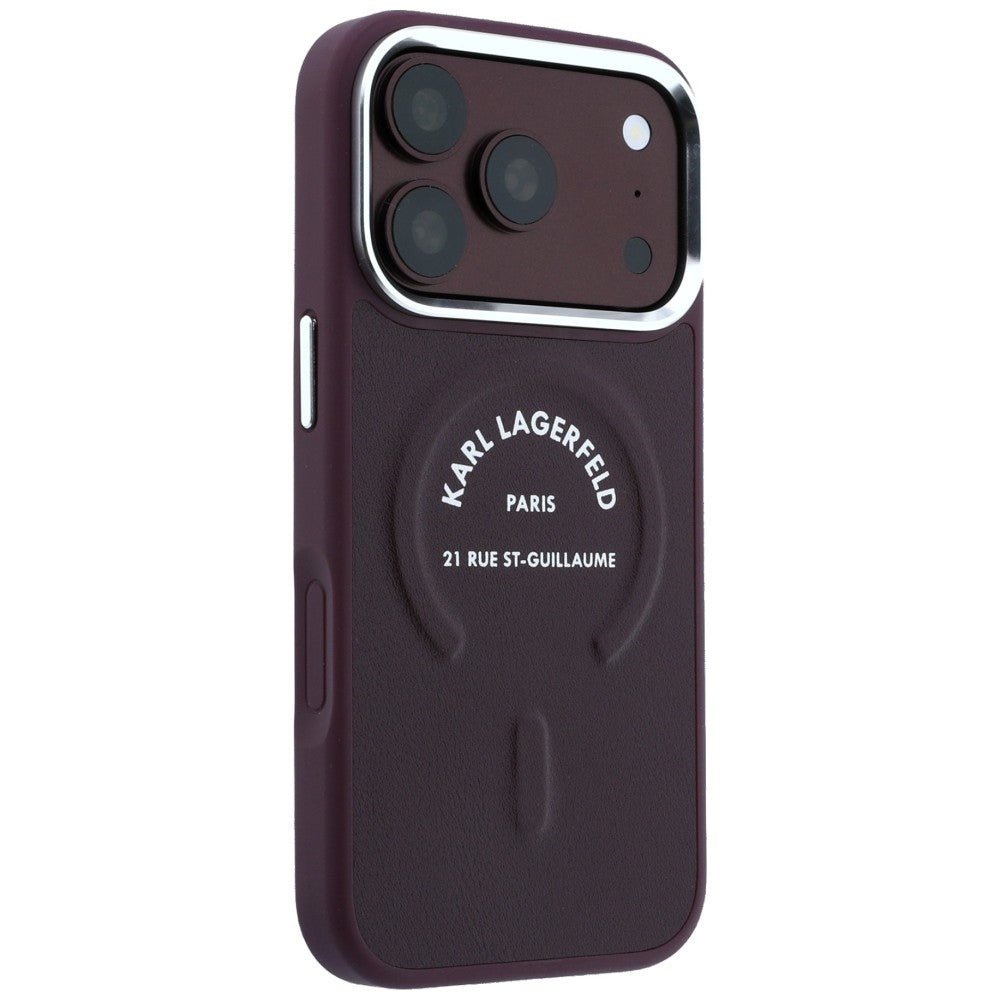 Karl Lagerfeld iPhone 17 Pro / iPhone 18 Pro - Σκληρή Θήκη με Επένδυση Οικολογικού Δέρματος - Embossed Open Ring RSG Logo MagSafe - Burgundy