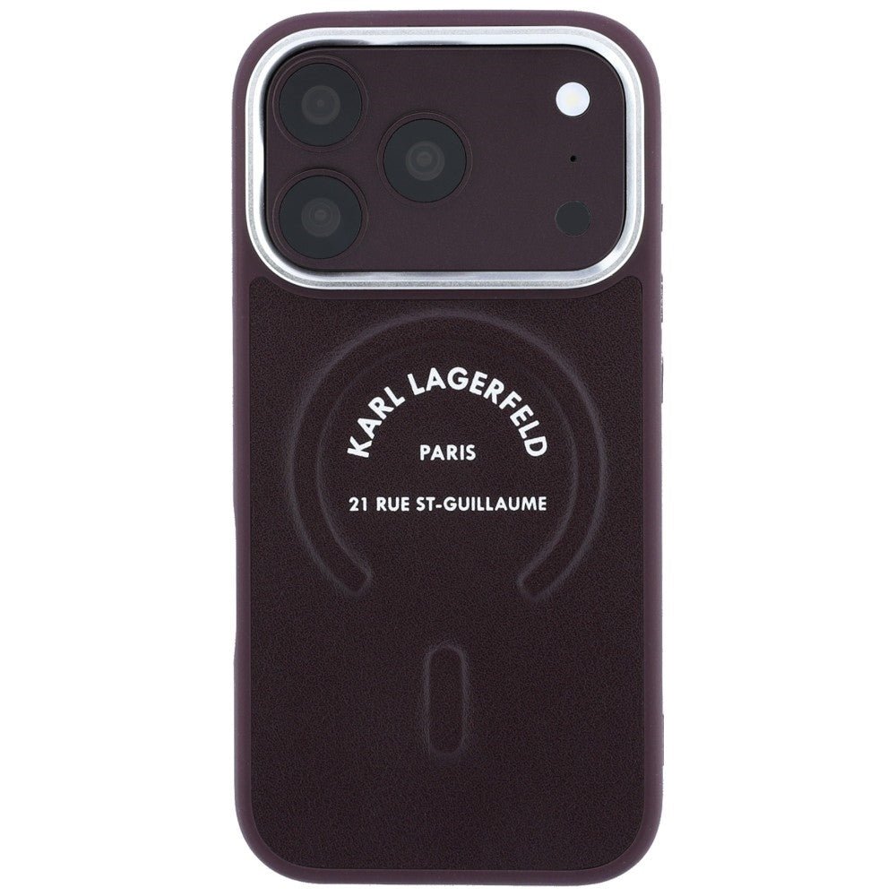 Karl Lagerfeld iPhone 17 Pro / iPhone 18 Pro - Σκληρή Θήκη με Επένδυση Οικολογικού Δέρματος - Embossed Open Ring RSG Logo MagSafe - Burgundy