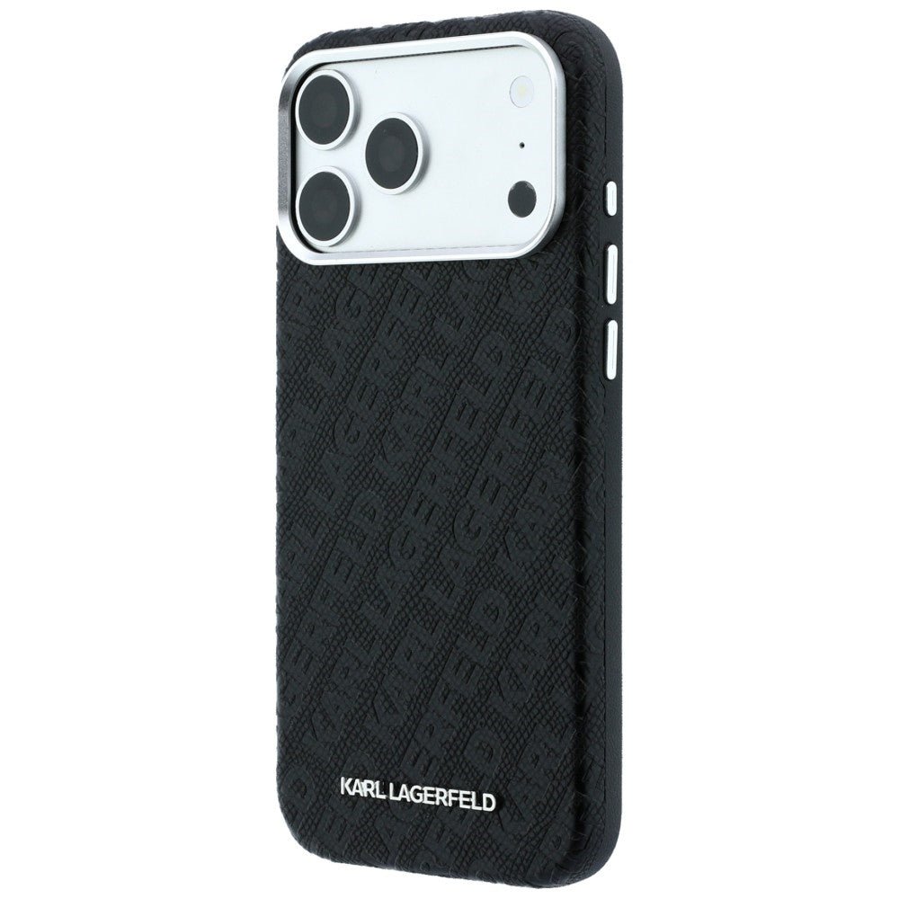 Karl Lagerfeld iPhone 17 Pro / iPhone 18 Pro - Σκληρή Θήκη με Επένδυση Οικολογικού Δέρματος - Grained Allover Logo Metal Elongated Magsafe - Black