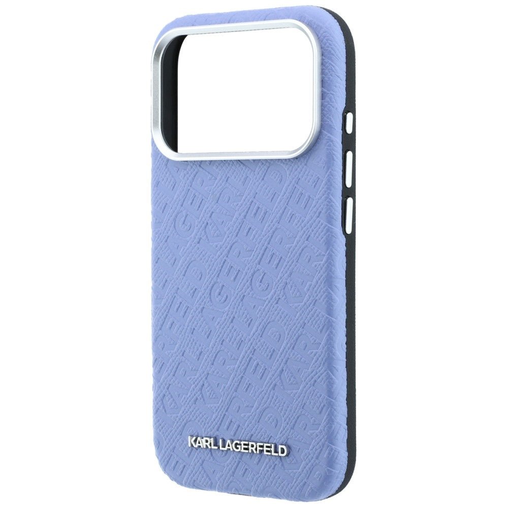 Karl Lagerfeld iPhone 17 Pro / iPhone 18 Pro - Σκληρή Θήκη με Επένδυση Οικολογικού Δέρματος - Grained Allover Logo Metal Elongated Magsafe - Blue