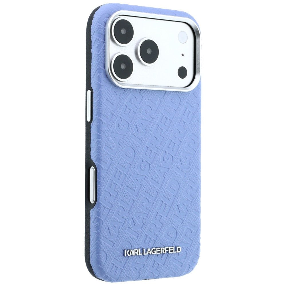 Karl Lagerfeld iPhone 17 Pro / iPhone 18 Pro - Σκληρή Θήκη με Επένδυση Οικολογικού Δέρματος - Grained Allover Logo Metal Elongated Magsafe - Blue
