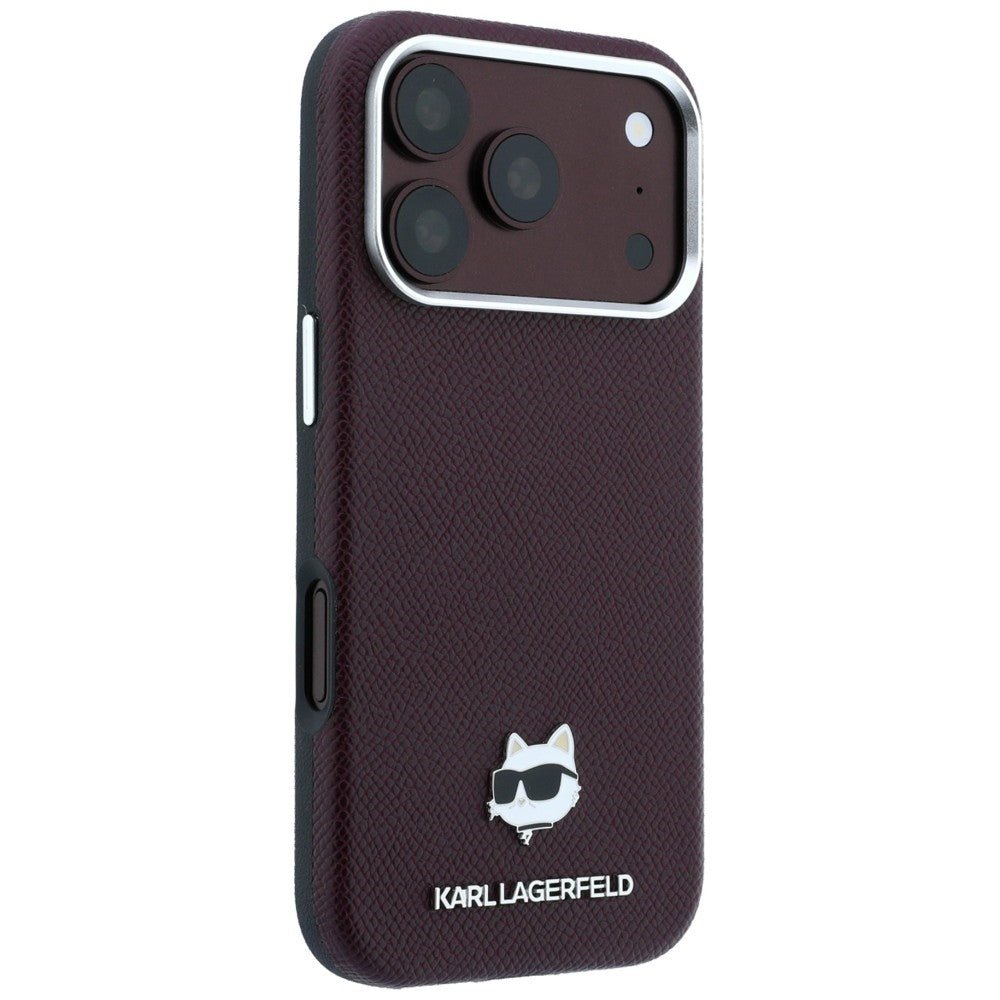 Karl Lagerfeld iPhone 17 Pro / iPhone 18 Pro - Σκληρή Θήκη με Επένδυση Οικολογικού Δέρματος - Grained Choupette Head Metal MagSafe - Burgundy